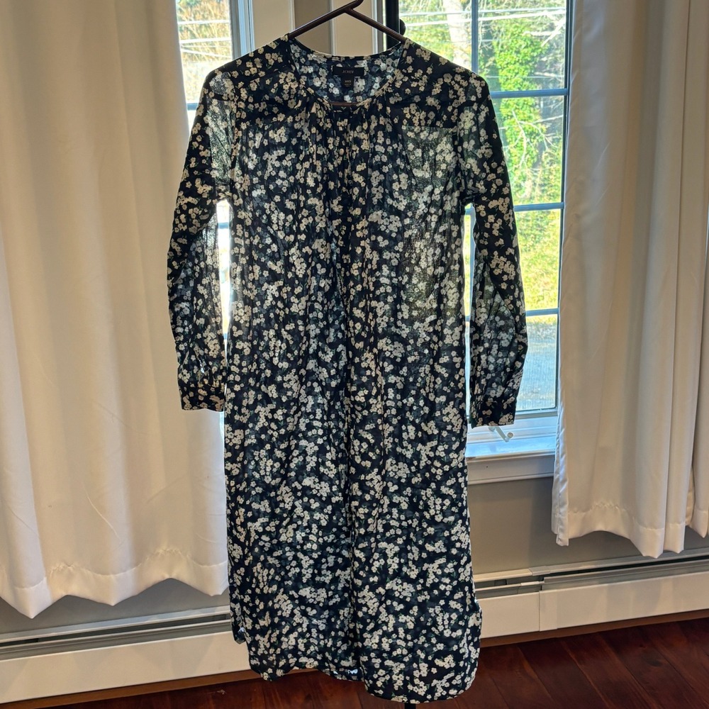 J. Crew Tie Waist Tunic Dress XXS Ruffle Neck‎ Midi Navy White Cotton